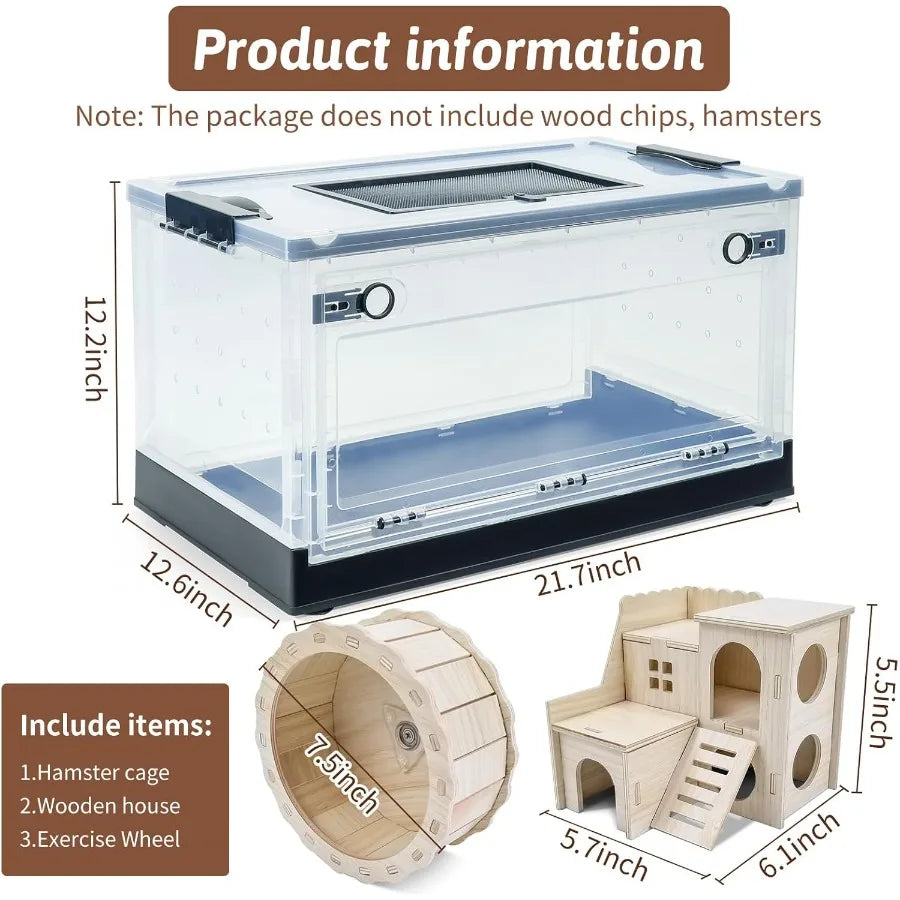 Portable and Foldable Hamster Cages with Wheels, Castle Habitat and Exercise Wheel for Easy Movement and Storage Ideal for Guinea