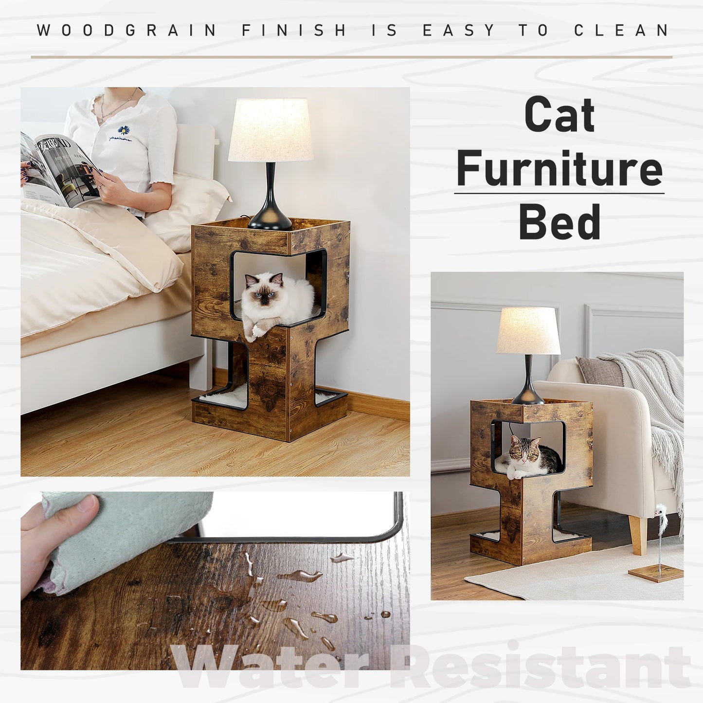 Wood Cat Condo House Bed with Removable Soft Mats | Modern Cat Tree Tower with Scratching Pad Cat | Scratcher Furniture Kitten Toys