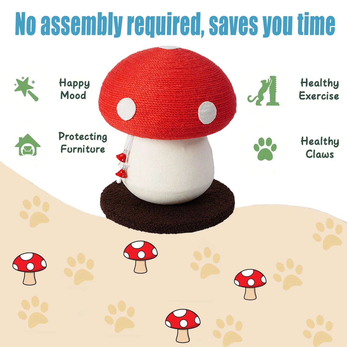 Red Mushroom-Shaped Sisal Cat Scratching Post |   Durable and Non-Falling |   Great for Paw Care and Furniture Protection |   Easy to Assemble |