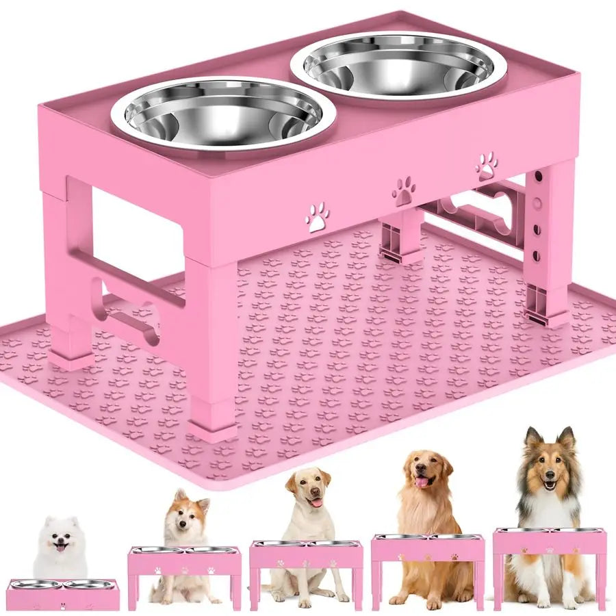 Dog Bowls with Mat, Raised Dog Bowl Stand with 2 Stainless Steel Bowls, 5 Height Adjustable 3.1, 9, 10, 11, 12 Nonslip Feed