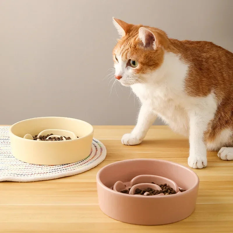 Ceramic Cat Dog Bowl, Ideal for Small and Medium-Sized Dogs, Slow Feeder Anti-Choking