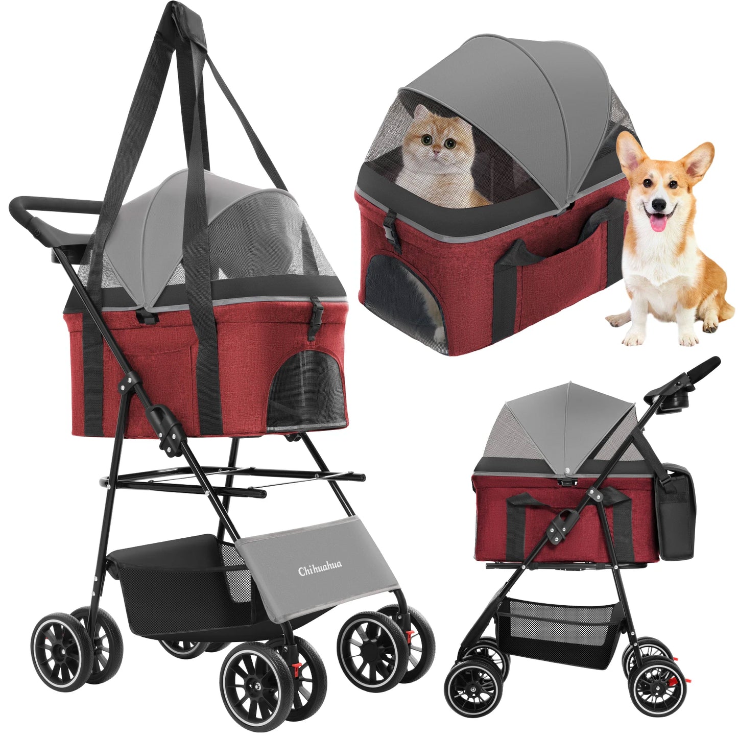 Pet Stroller with Canopy 4 Wheels | Strolling Cart for Small/Medium Dogs and Cats with Removable Carrier Breathable Mesh