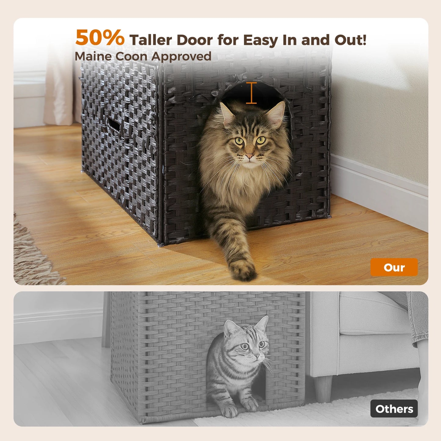 Rattan Cat Litter Box Enclosure with Taller Doorway and Flip-Up Design | More Space Raised Edge Mat | Cat House Cabinet Furniture