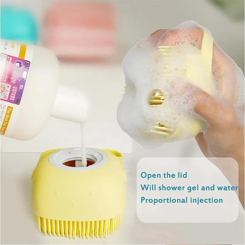 Pet Bathing Brush with Built-in Soap Dispenser, Soft Silicone Bristles for Dog & Cat Grooming