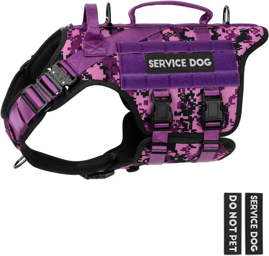 Tactical Dog Harness for Large Breeds, Service Dog Vest with MOLLE Panels and Handle for Walking Hiking Training - Purple Camo