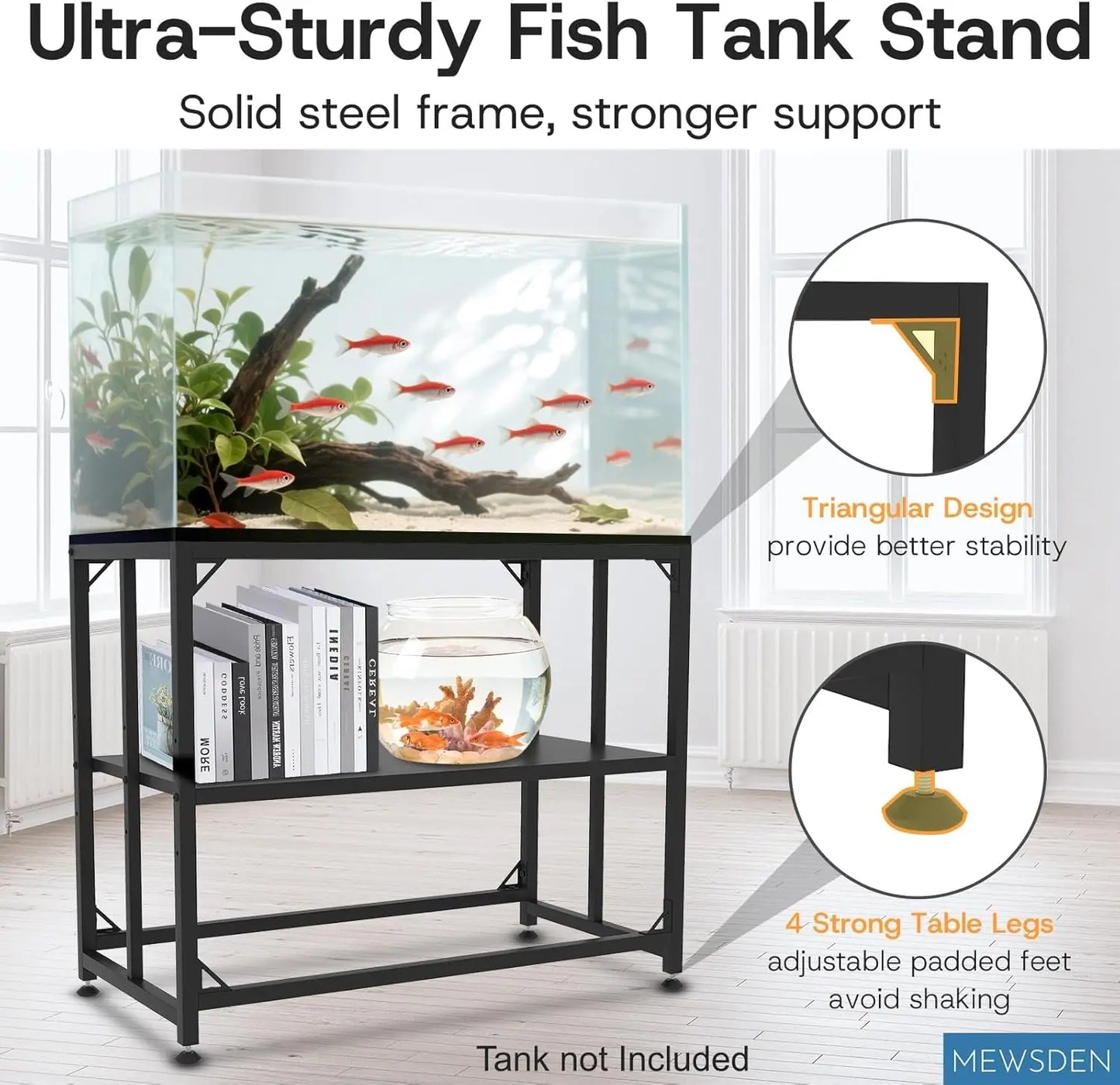 40 Gallon Heavy Duty Metal Aquarium Stand with 2-Tier Storage, 660LBS Capacity for Fish & Reptile Tanks (Black)