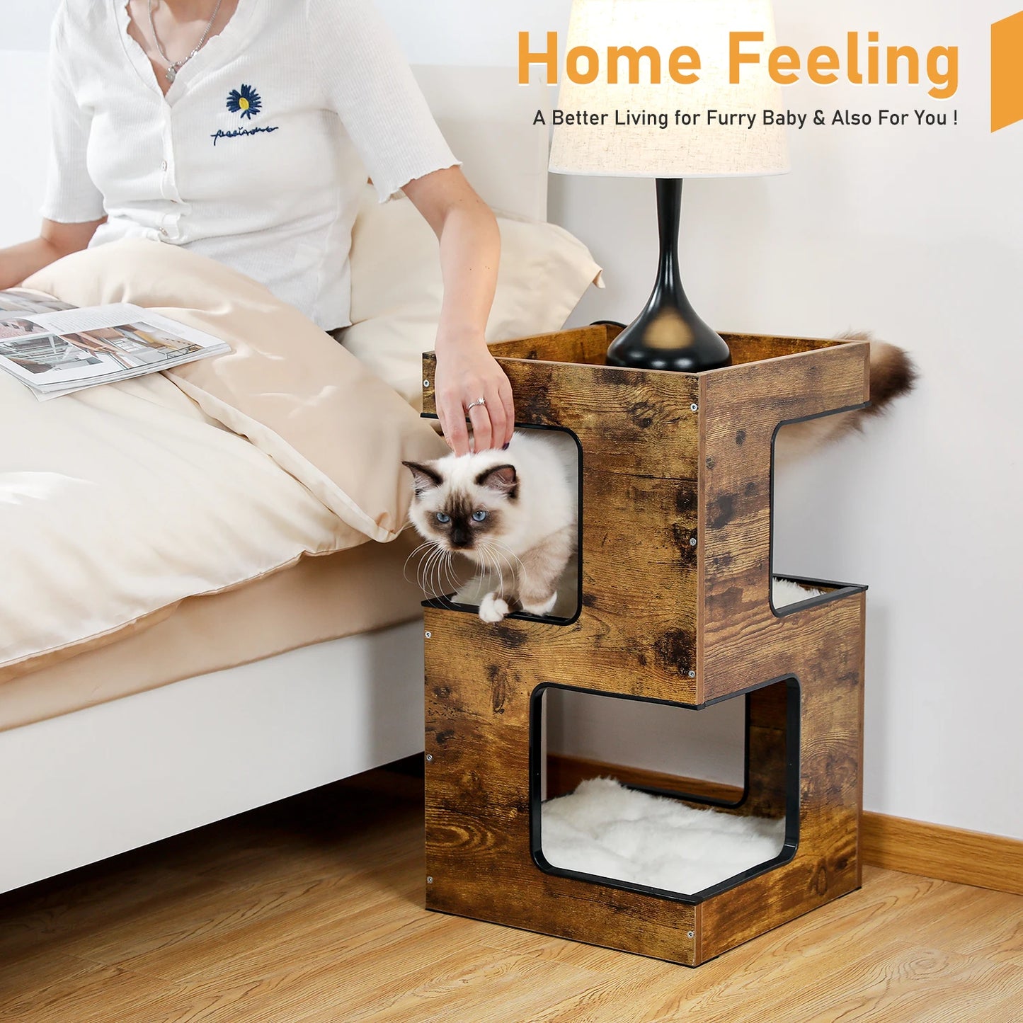 Wood Cat Condo House Bed with Removable Soft Mats | Modern Cat Tree Tower with Scratching Pad Cat | Scratcher Furniture Kitten Toys