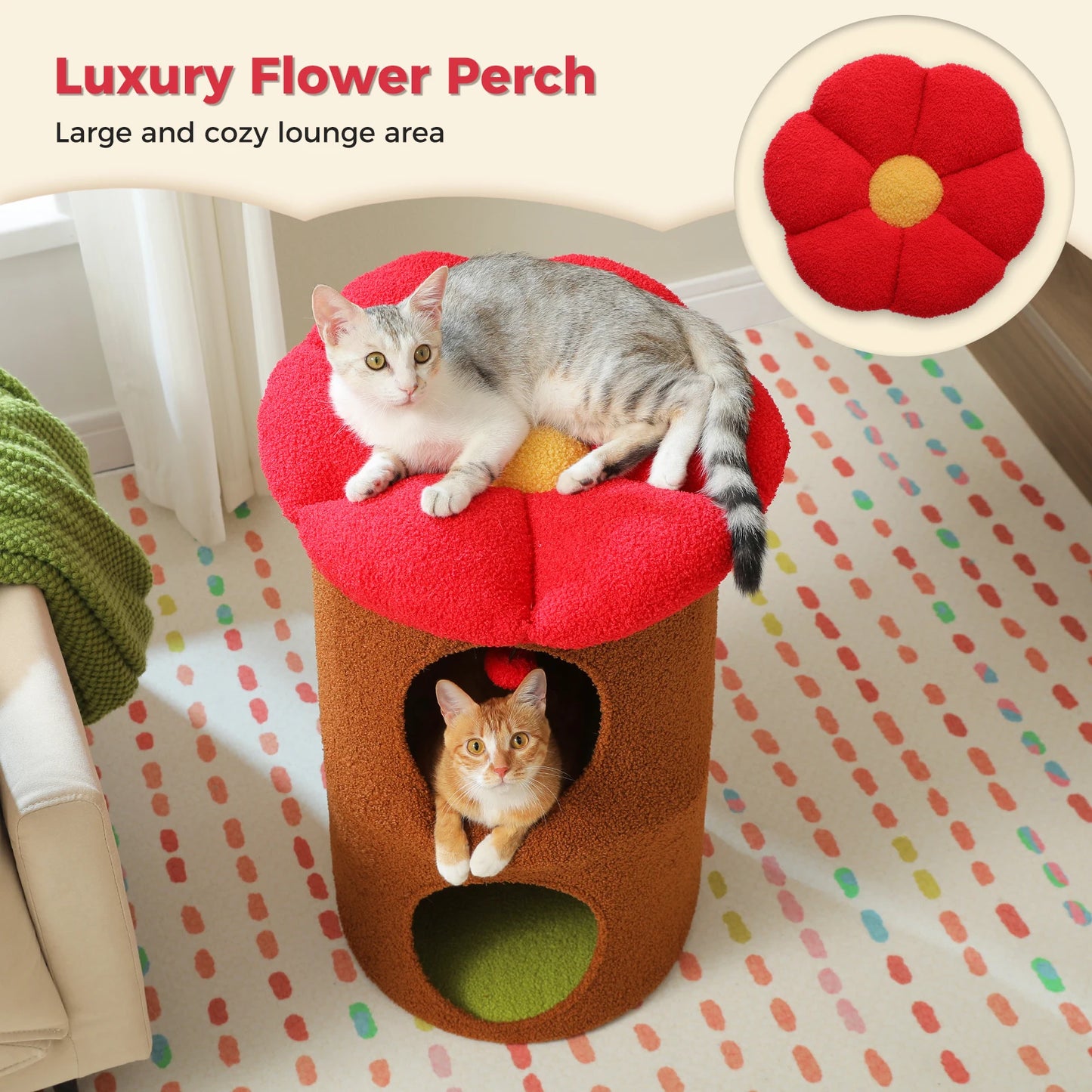 2-Storey Cat Beds for Indoor Cats Large Cat House with Removable Flower Cat Bed, Cute Cat Cave Cat Hideaway Indoor Cat  Condo