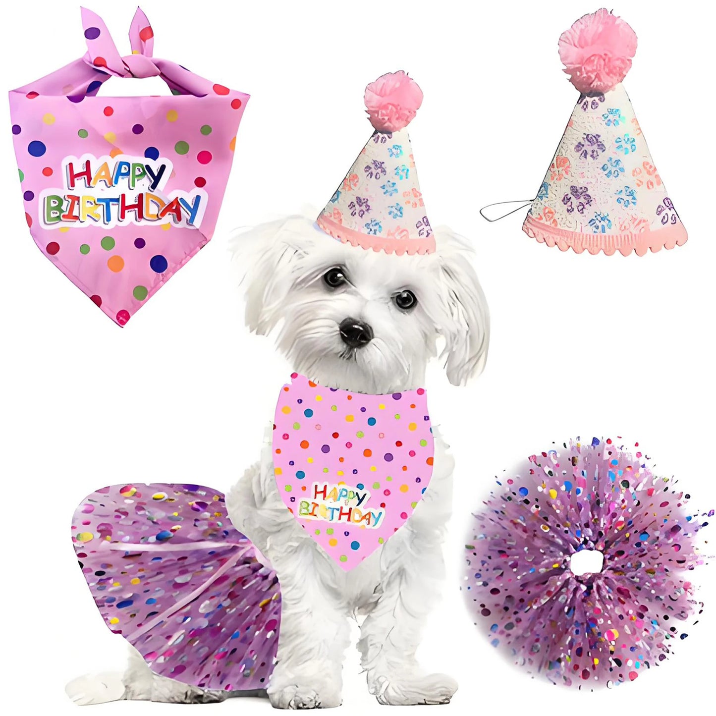Cute Dog Birthday Costume Set | Adorable Party Hat with Matching Skirt and Scarf for Indoor and Outdoor Celebrations