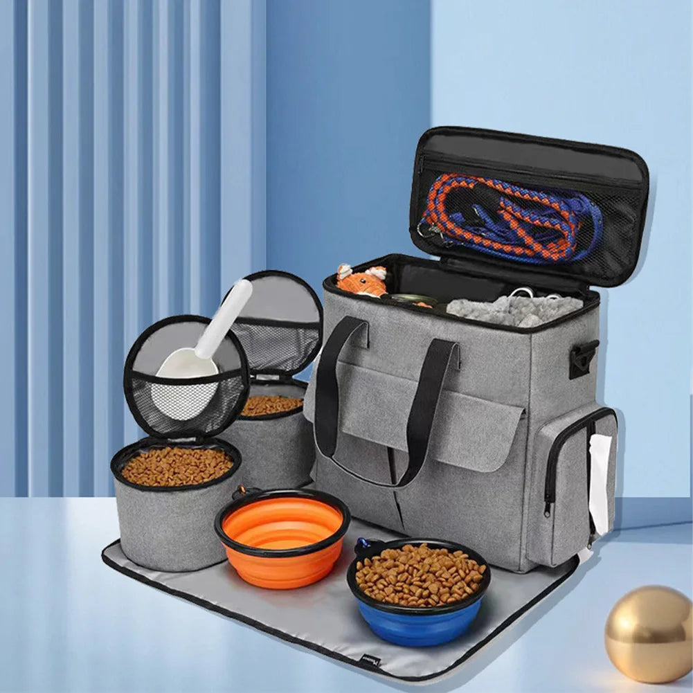 Dog and Cat Travel Backpack  Organizer for Week Away/Overnight, w/ 2 Food Bags 1 Waterproof Placemat 2 Foldable Bowls