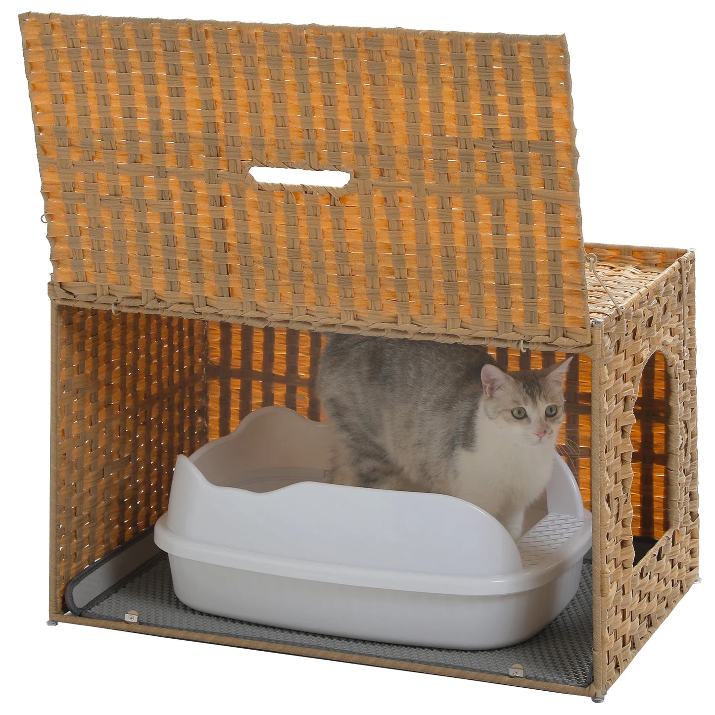 Rattan Cat Litter Box Enclosure with Taller Doorway and Flip-Up Design | More Space Raised Edge Mat | Cat House Cabinet Furniture