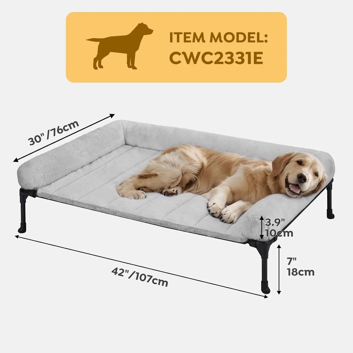 Elevated Orthopedic Dog Bed with Plush Bolster, Large Pet Sofa Cot, Removable Washable Mat, Non-Slip Feet, Grey