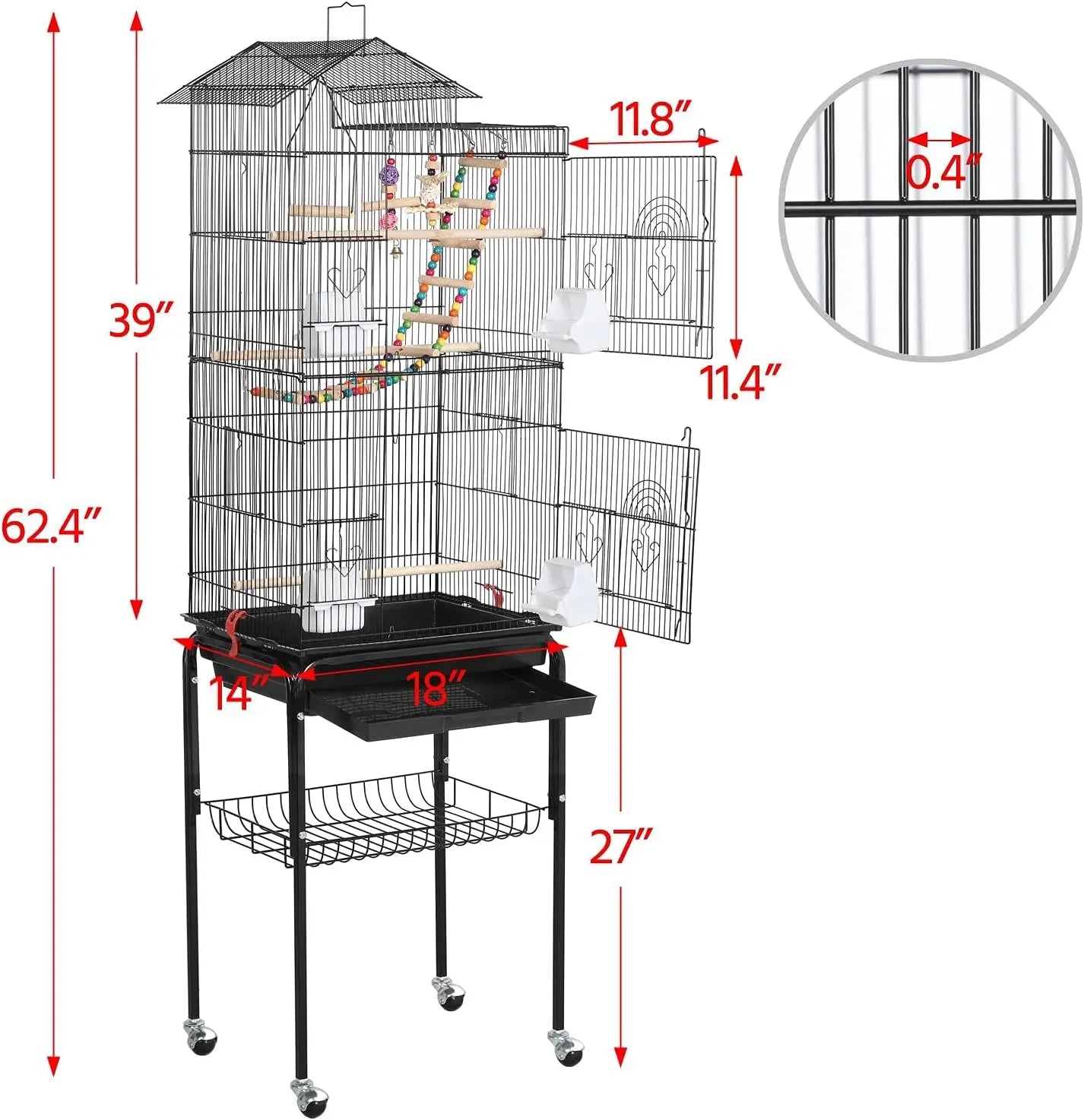 Medium Parrot Cage with Rolling Stand, Safe Design for Small Birds, Easy Assembly and Cleaning