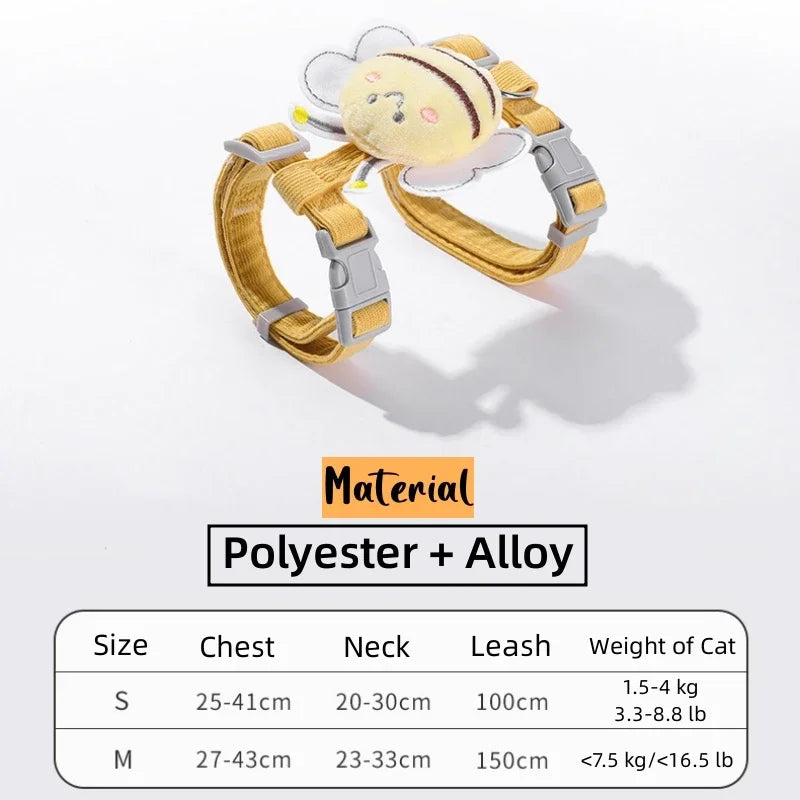 Cat Harness Leash Collar Set |  Adjustable Cartoon Bee Double Layer Dog Harness for Small Medium Cat Leash Outdoor Walking