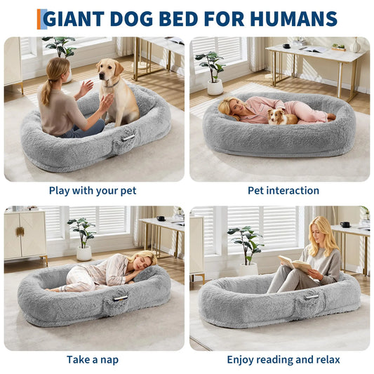 Oversized Human Dog Bed Orthopedic Faux Fur  With Pillow Side Pocket Waterproof Lining & Anti-slip Bottom