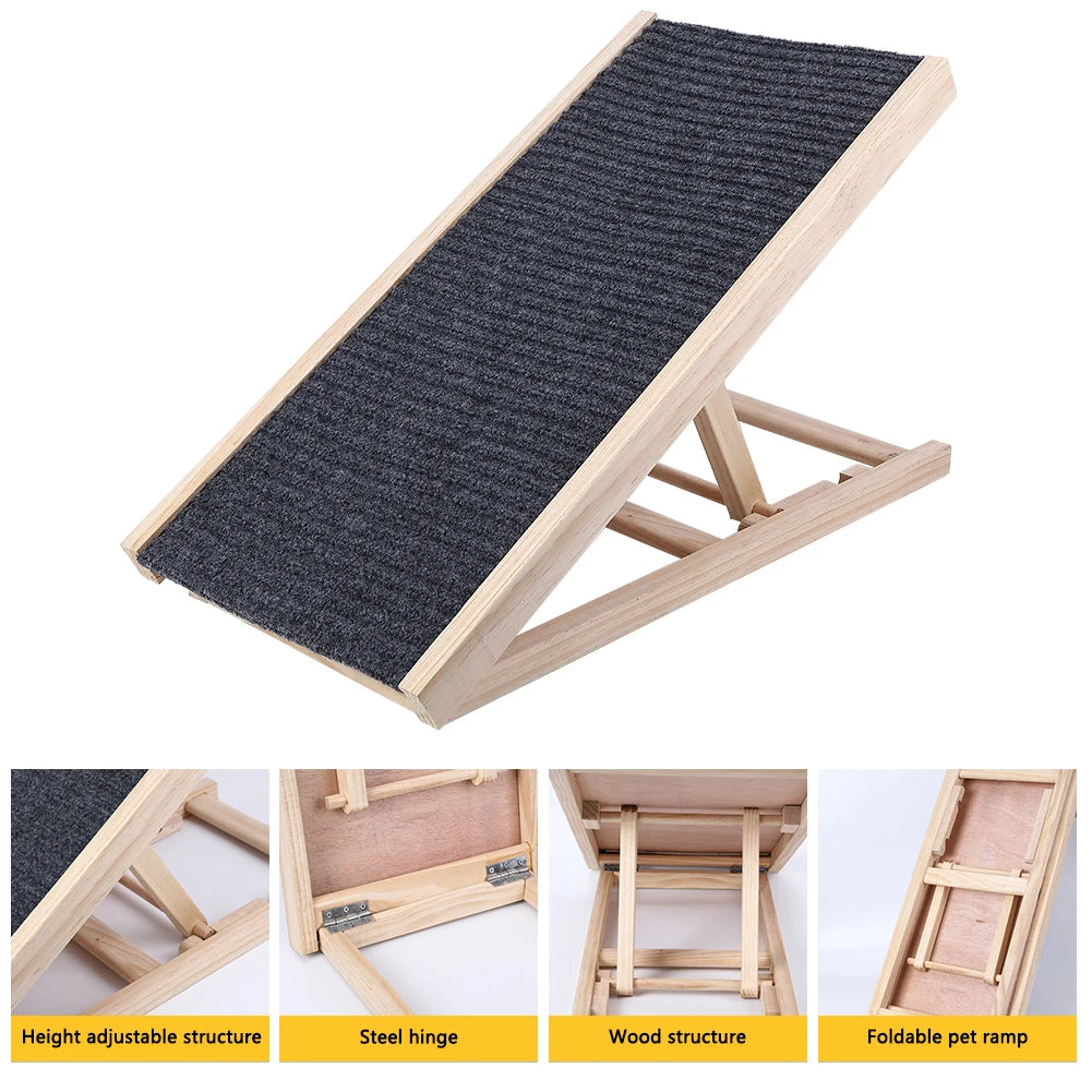 Dog Ramp Ladder Natural Pine Wood | Lightweight Folding |  Anti-skid Adjustable 2 Height Climbing Ladder for Cats, Dogs and small Animals