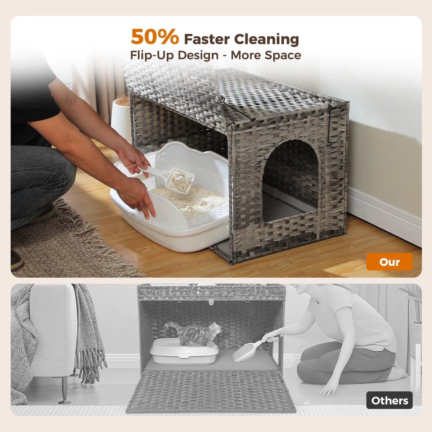 Rattan Cat Litter Box Enclosure with Taller Doorway and Flip-Up Design | More Space Raised Edge Mat | Cat House Cabinet Furniture