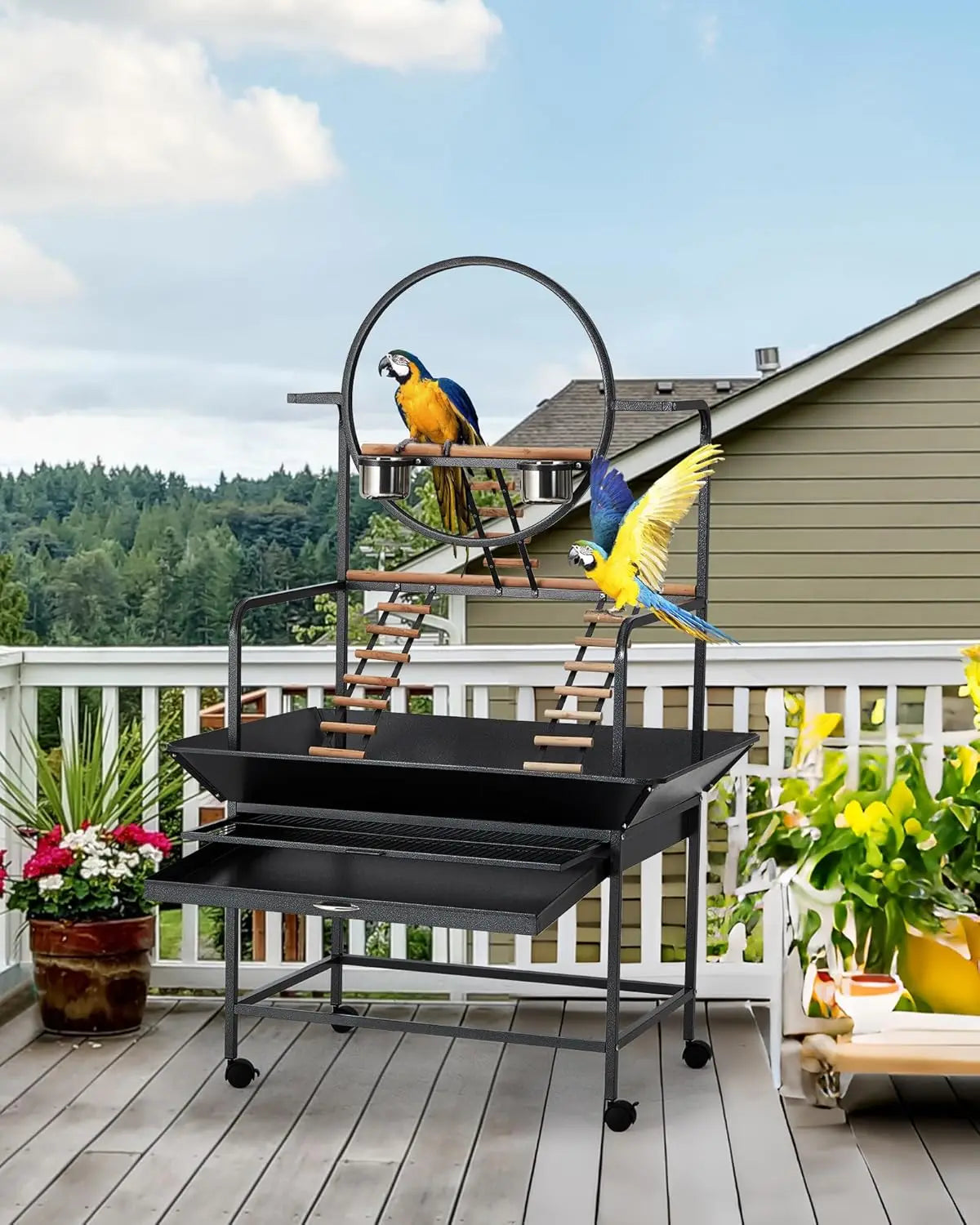 66" Extra Tall Bird Play Stand With Lockable Wheels, Heavy-Duty Metal Activity Center For Parrots/Conures/Cockatiels