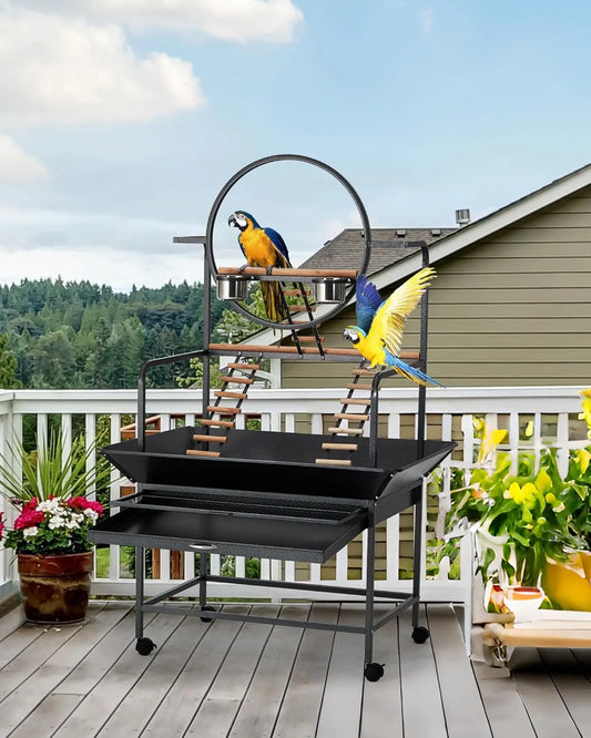 66" Extra Tall Bird Play Stand With Lockable Wheels, Heavy-Duty Metal Activity Center For Parrots/Conures/Cockatiels