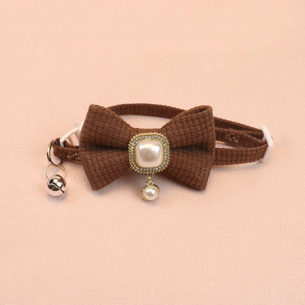 New Waffle Pet, Collar Cute Bow, Bell Cat Collar Retro Pearl Pendant for Cats and Dogs