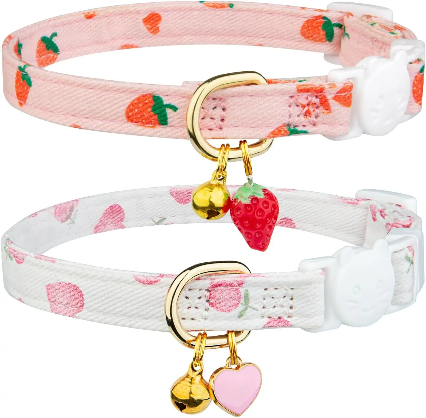2 Pack Pink Strawberry Cat Collar with Bell, Adjustable Breakaway Safety Collar for Kittens