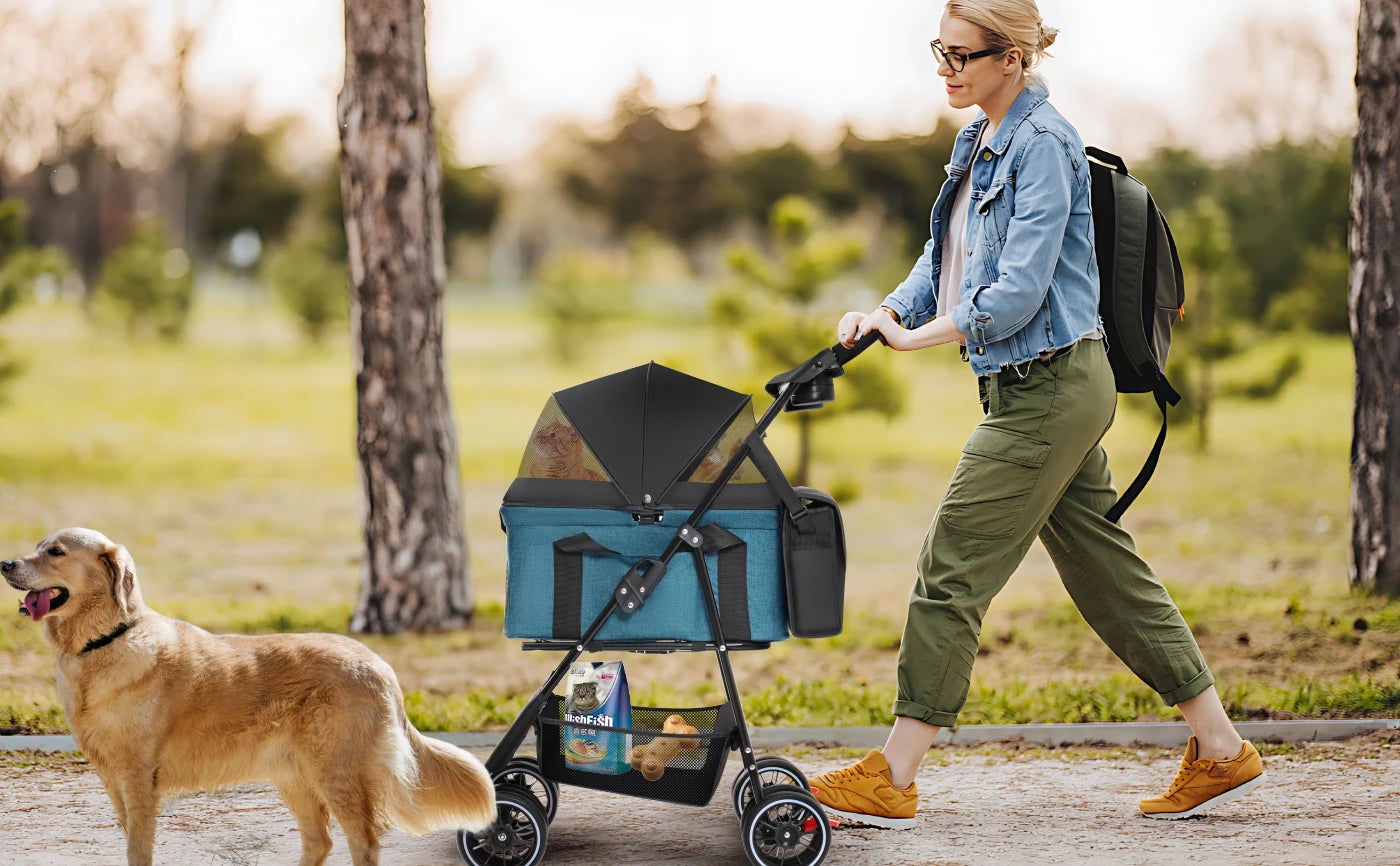 Pet Stroller with Canopy 4 Wheels | Strolling Cart for Small/Medium Dogs and Cats with Removable Carrier Breathable Mesh