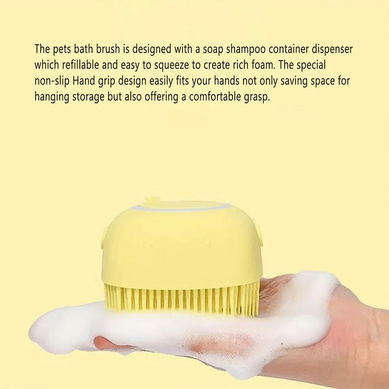 Pet Bathing Brush with Built-in Soap Dispenser, Soft Silicone Bristles for Dog & Cat Grooming
