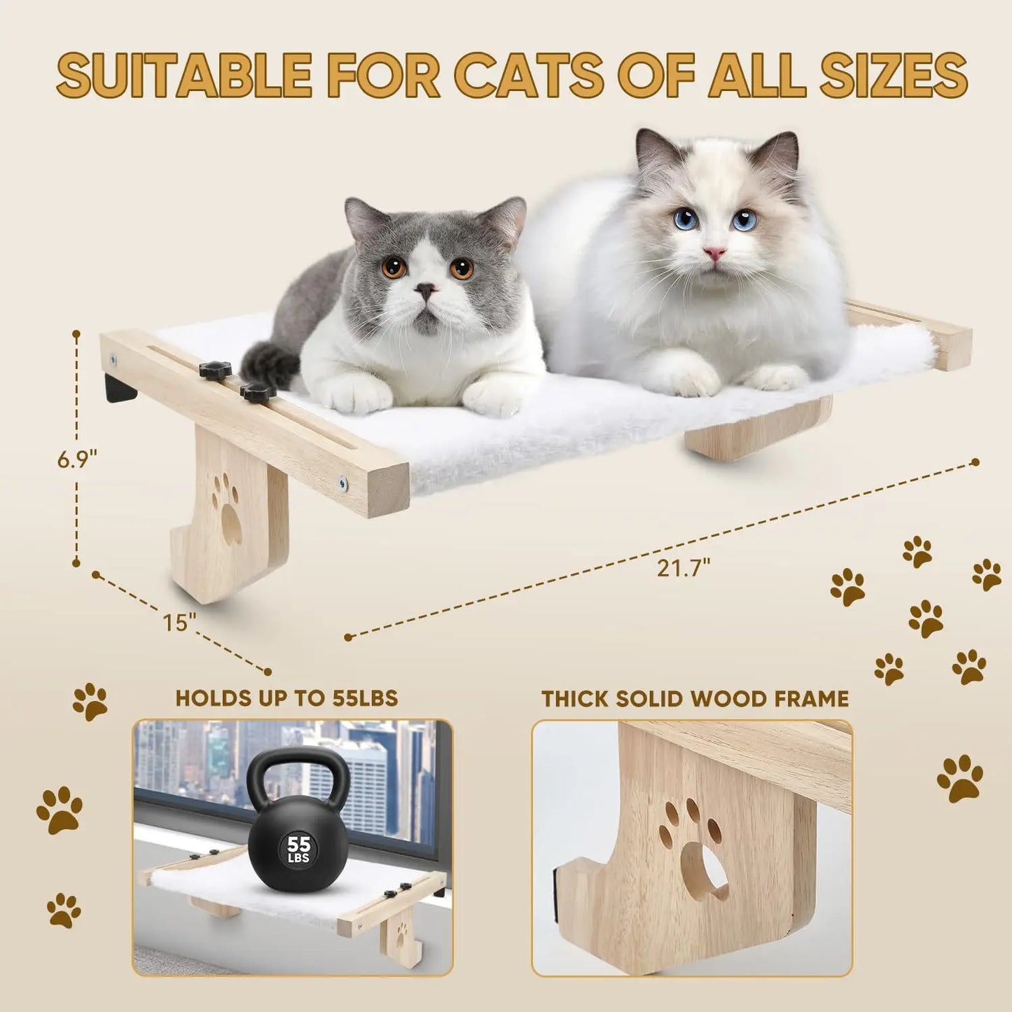 Cat window sill hammock, suitable for indoor cats, wooden and metal frame, easy to adjust window cat bed