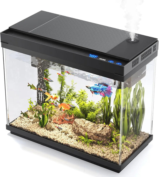 2.4 Gallon Fish Tank Starter Kit with Smart Humidifier, Temp Display, 7 Color LED Light, Quiet 3-in-1 Pump Filter Oxygenation.