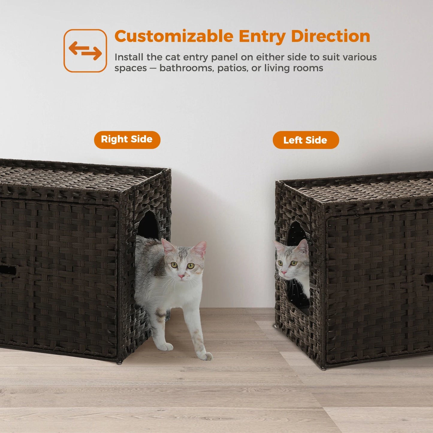 Rattan Cat Litter Box Enclosure with Taller Doorway and Flip-Up Design | More Space Raised Edge Mat | Cat House Cabinet Furniture