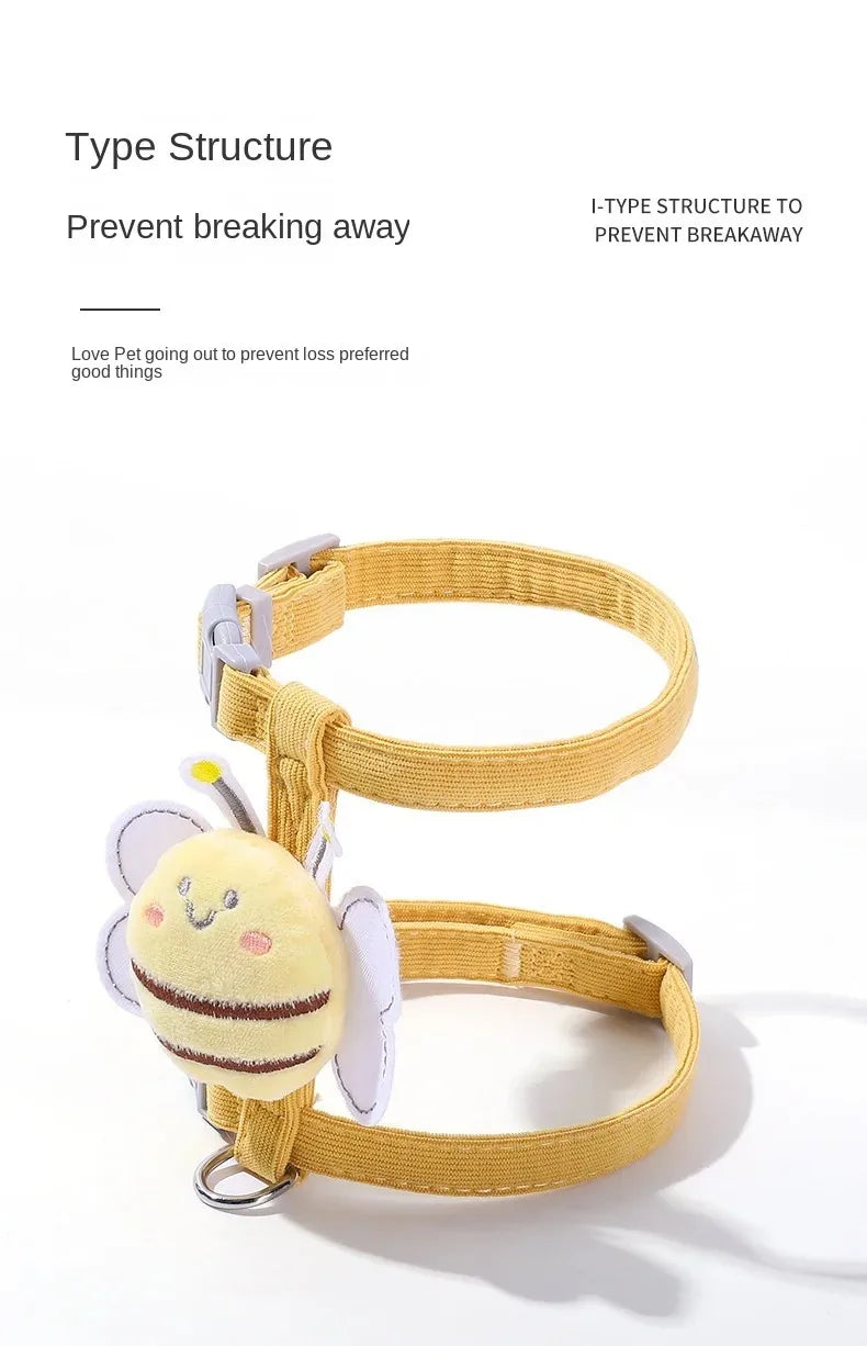 Cat Harness Leash Collar Set |  Adjustable Cartoon Bee Double Layer Dog Harness for Small Medium Cat Leash Outdoor Walking