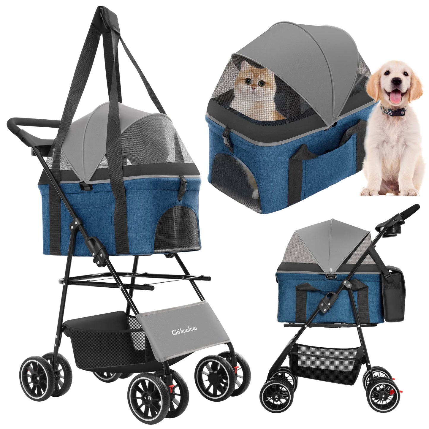 Pet Stroller with Canopy 4 Wheels | Strolling Cart for Small/Medium Dogs and Cats with Removable Carrier Breathable Mesh