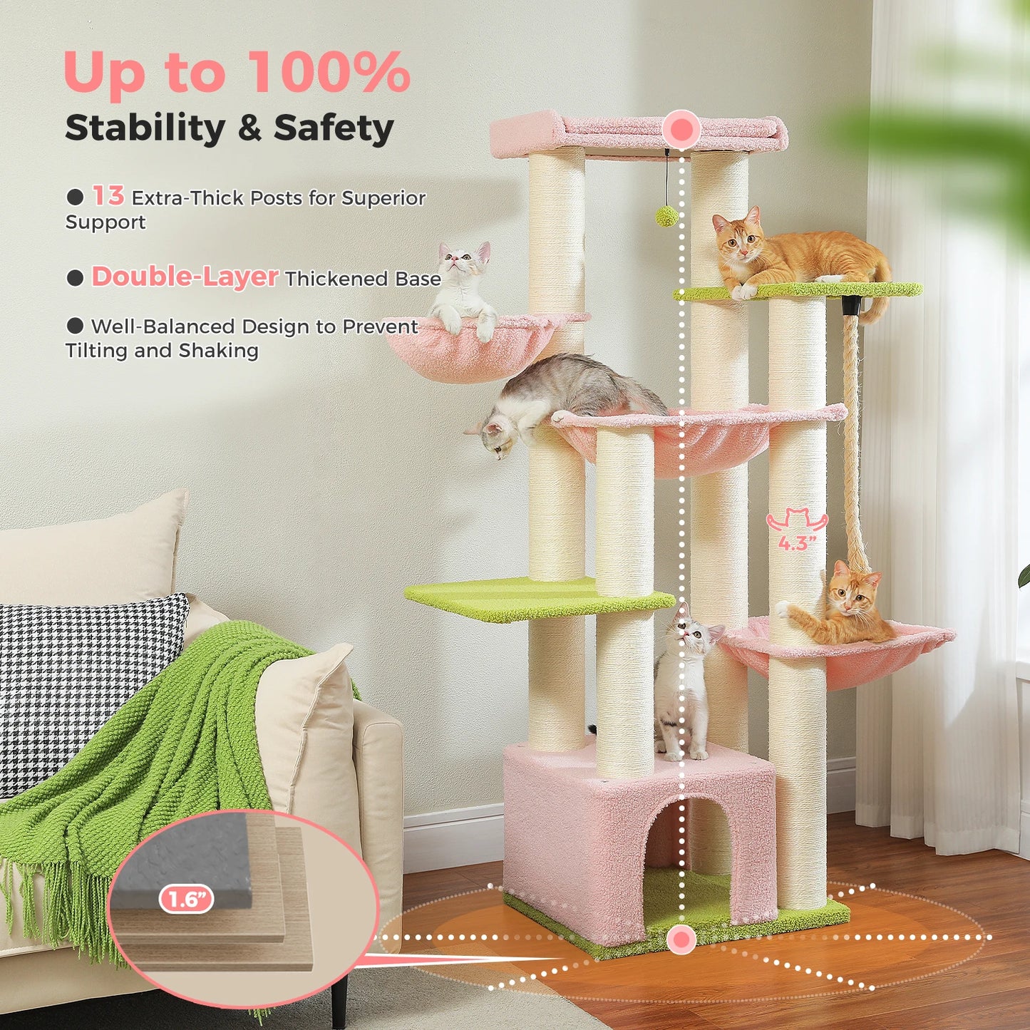 Large Tree Robust Cat Tower with Several Levels| Cat House Climbing Tree with Hammock 11 Sisal Posts  Perch