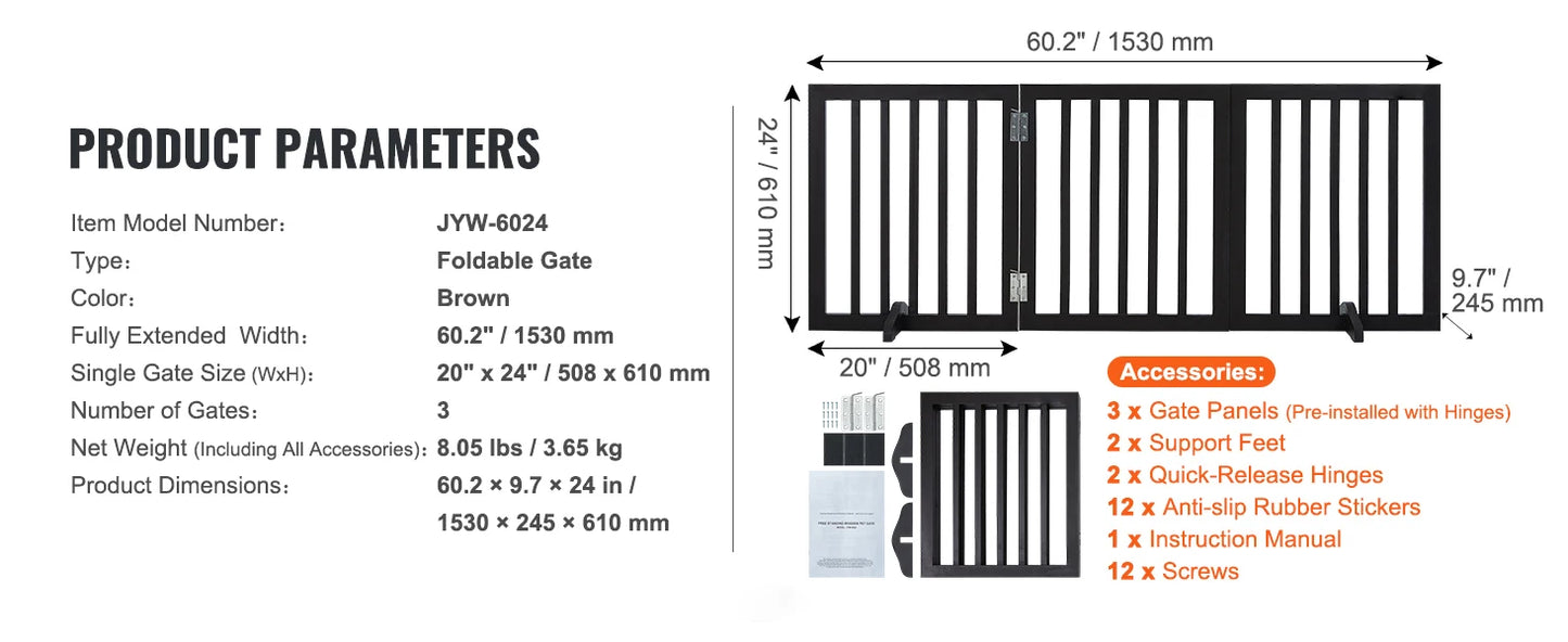 SucceBuy Free Standing Dog Gate 3 Panels | Foldable, Expandable  Dog Gate for Narrow Passageways