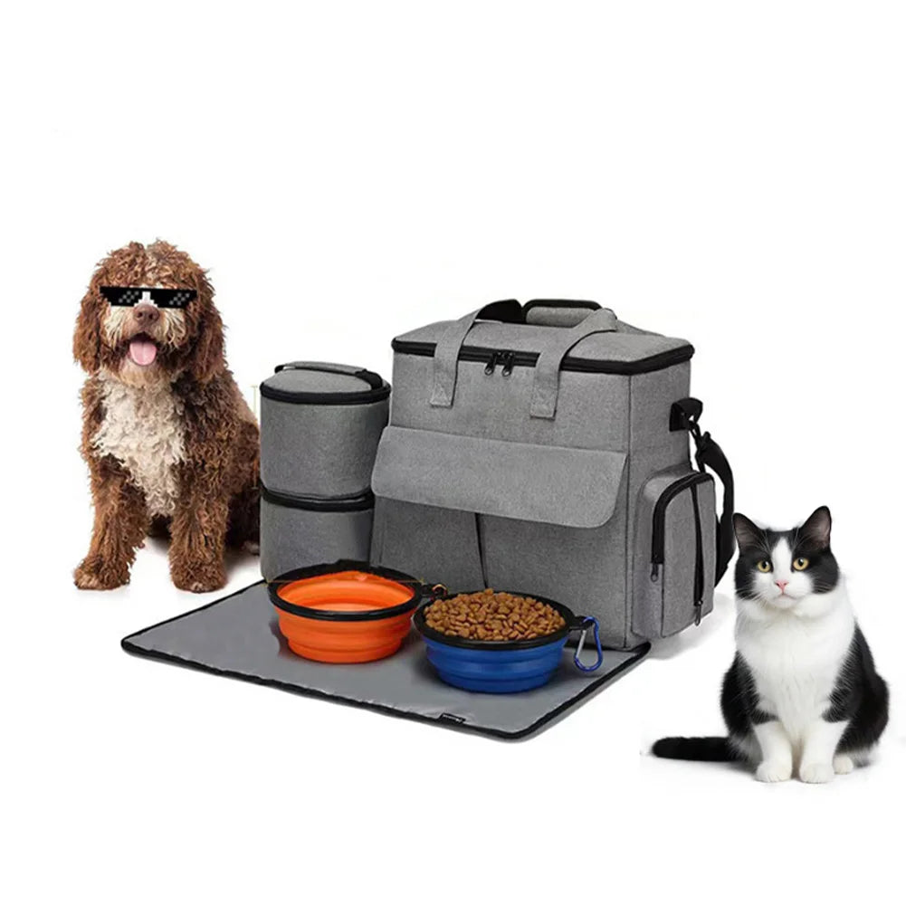 Dog and Cat Travel Backpack  Organizer for Week Away/Overnight, w/ 2 Food Bags 1 Waterproof Placemat 2 Foldable Bowls