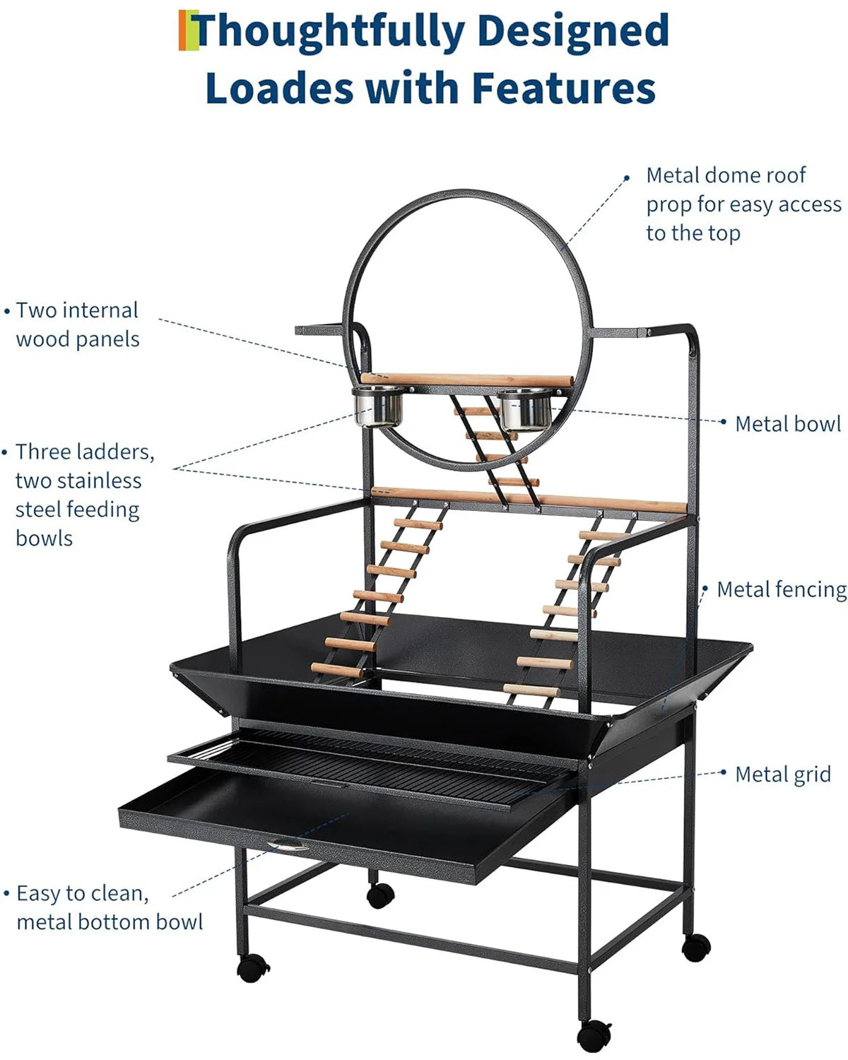 66" Extra Tall Bird Play Stand With Lockable Wheels, Heavy-Duty Metal Activity Center For Parrots/Conures/Cockatiels
