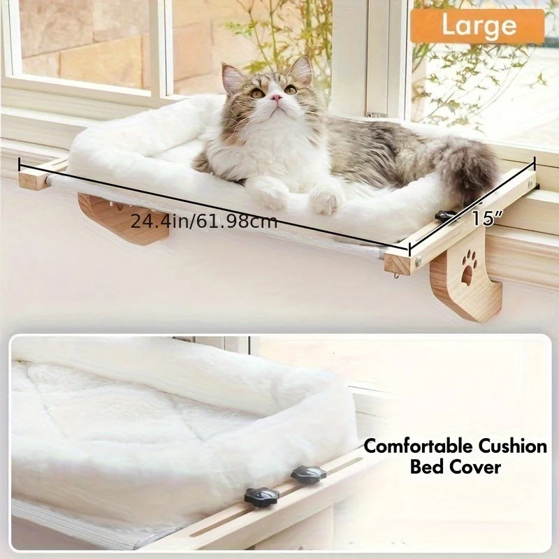 Cat window sill hammock, suitable for indoor cats, wooden and metal frame, easy to adjust window cat bed