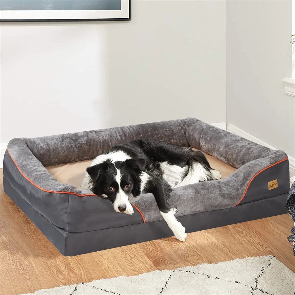Jumbo Large Orthopedic Dog Bed Memory Foam | Waterproof Elevated Cushion Warm Puppy Bolster Couch Removable Cover