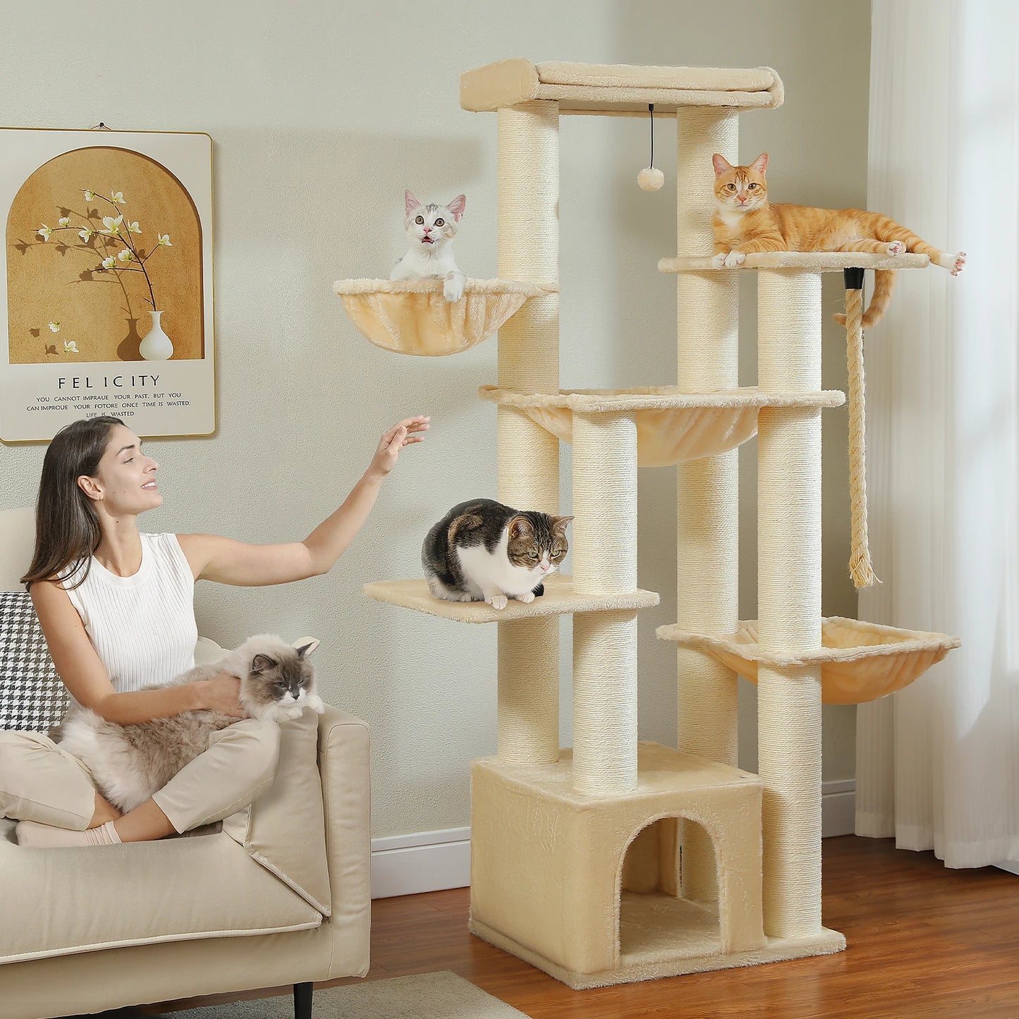 Large Tree Robust Cat Tower with Several Levels| Cat House Climbing Tree with Hammock 11 Sisal Posts  Perch