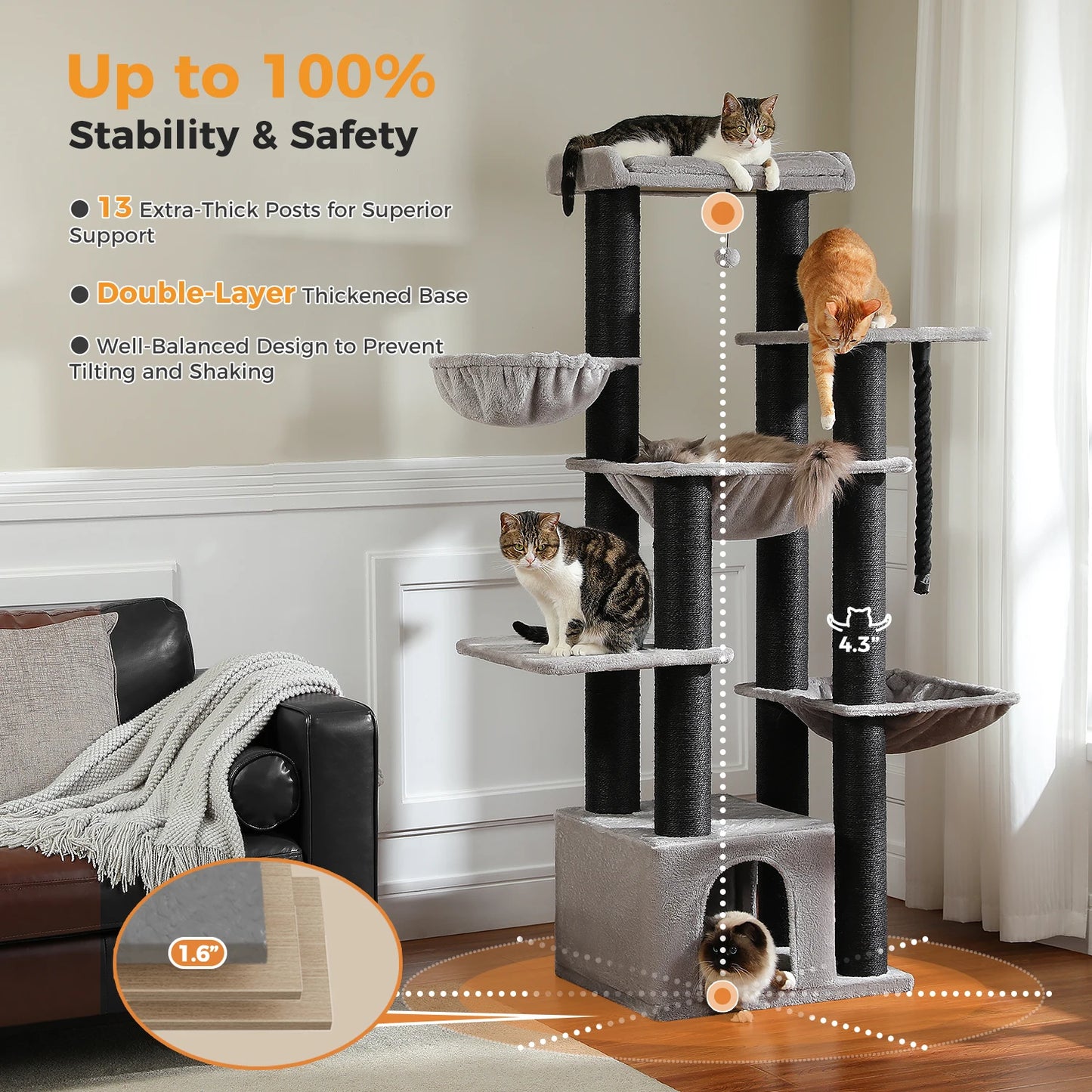 Large Tree Robust Cat Tower with Several Levels| Cat House Climbing Tree with Hammock 11 Sisal Posts  Perch