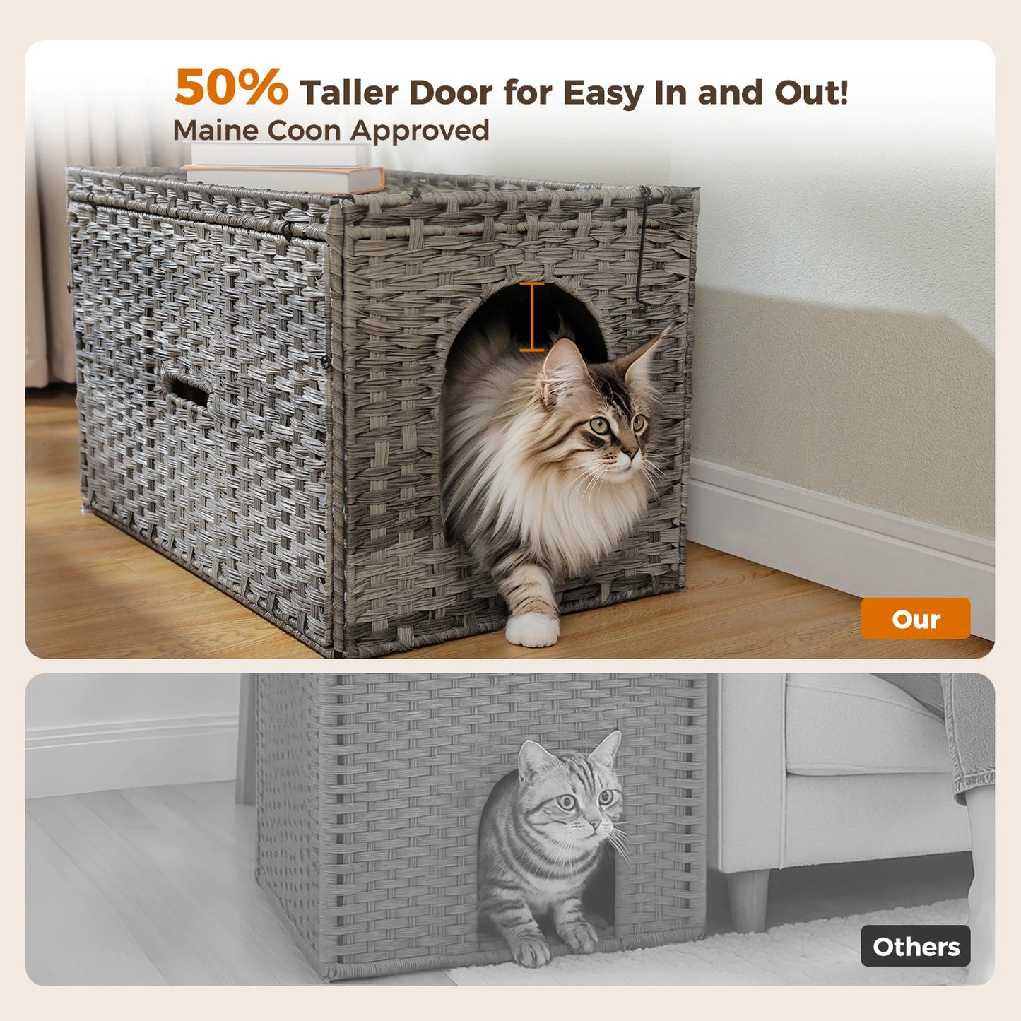Rattan Cat Litter Box Enclosure with Taller Doorway and Flip-Up Design | More Space Raised Edge Mat | Cat House Cabinet Furniture