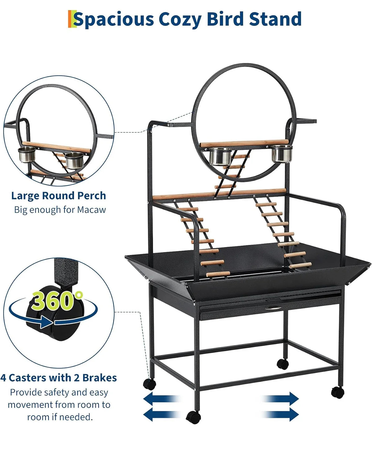 66" Extra Tall Bird Play Stand With Lockable Wheels, Heavy-Duty Metal Activity Center For Parrots/Conures/Cockatiels