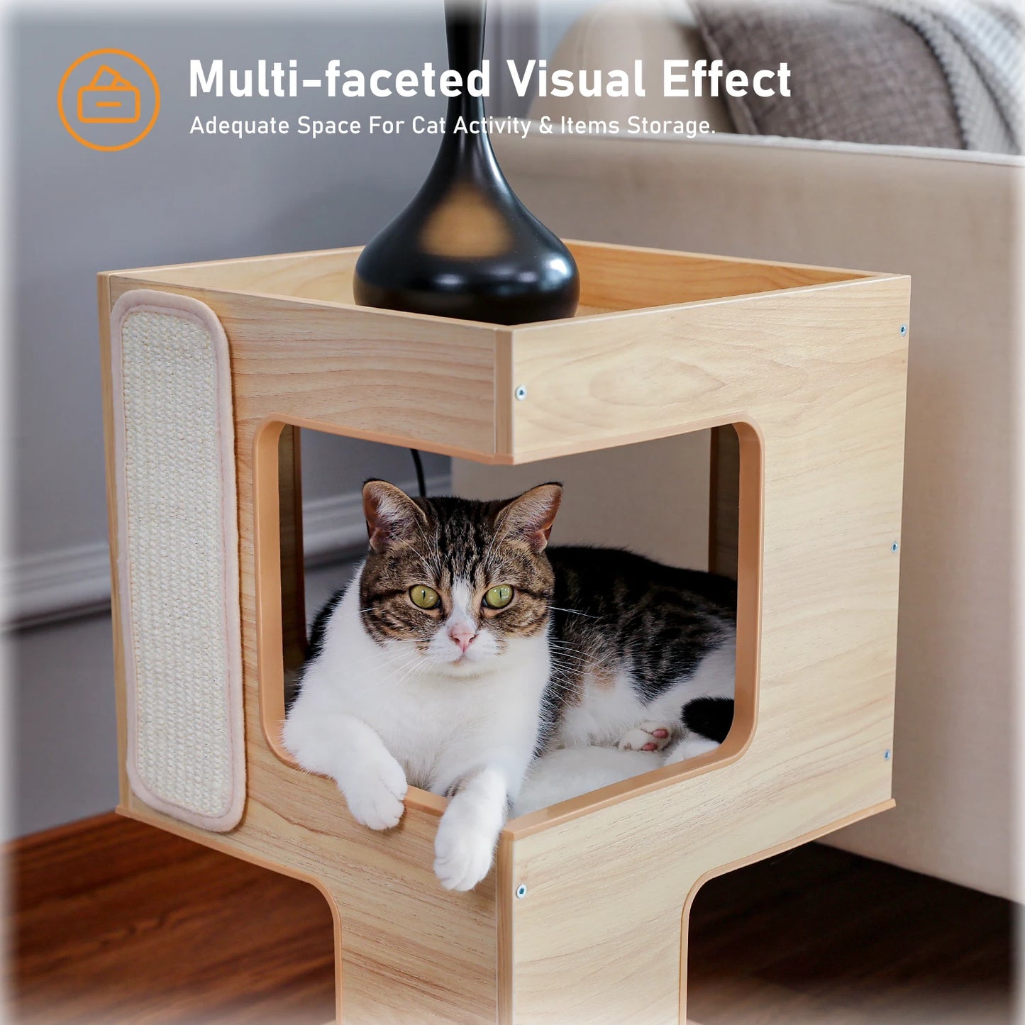 Wood Cat Condo House Bed with Removable Soft Mats | Modern Cat Tree Tower with Scratching Pad Cat | Scratcher Furniture Kitten Toys