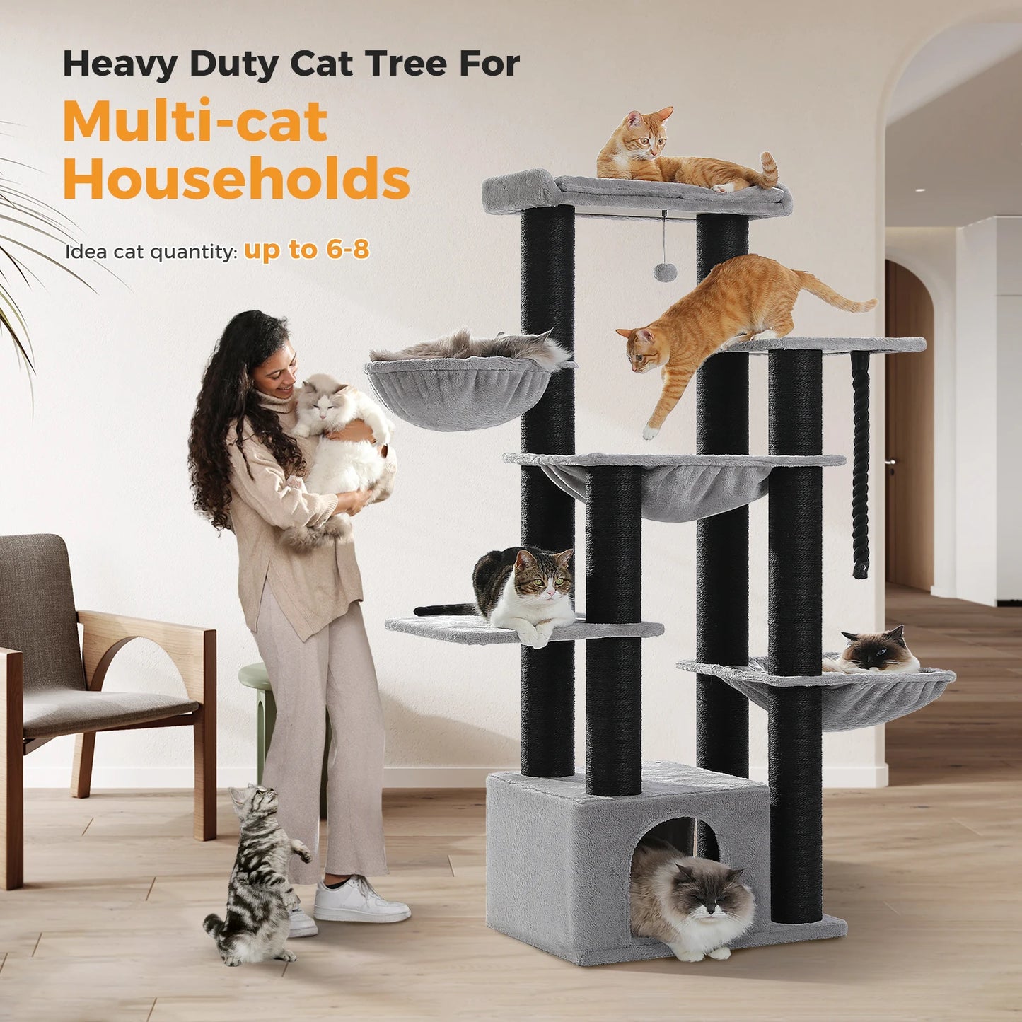Large Tree Robust Cat Tower with Several Levels| Cat House Climbing Tree with Hammock 11 Sisal Posts  Perch