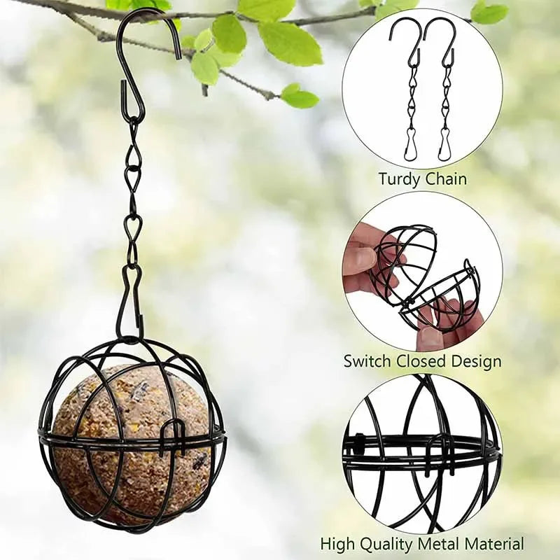Metal Suet Ball Bird Feeder with Hanging Chain | Squirrel Proof Outdoor Garden Hummingbird Feeders | Ball Shape Grass Feeder