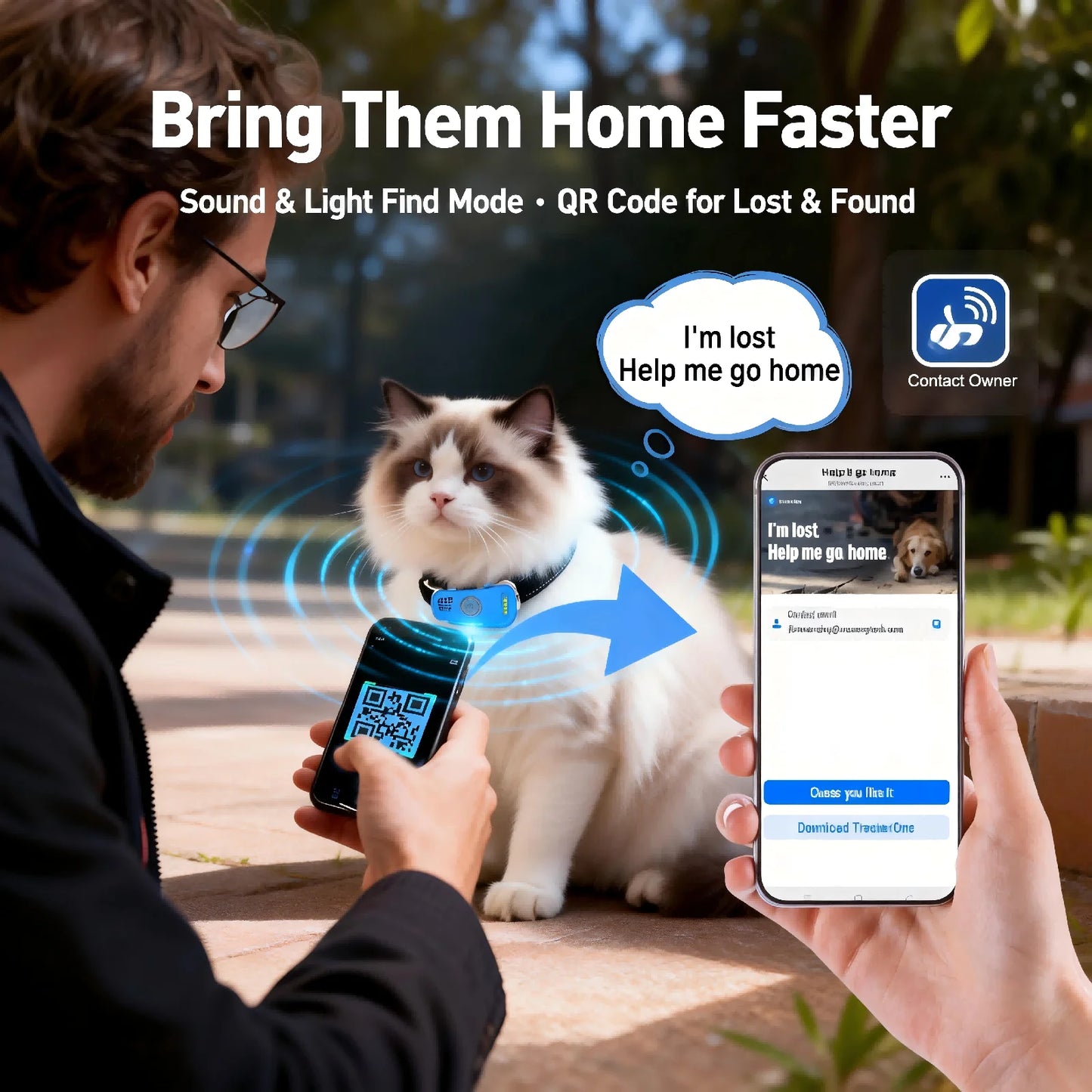 GPS Pet Tracker for Dogs and Cats | Real Time Tracking Unlimited Distance QR Code | Anti-Lost Locator with 1-year Service