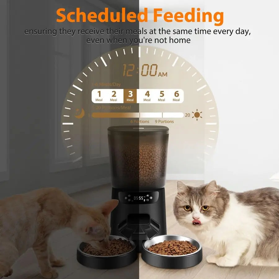 Cat Feeders for Two Cats, 5L 20 Cups Double Automatic Food Dispenser with 2 Stainless Bowls, Timer Setting 20 Portions