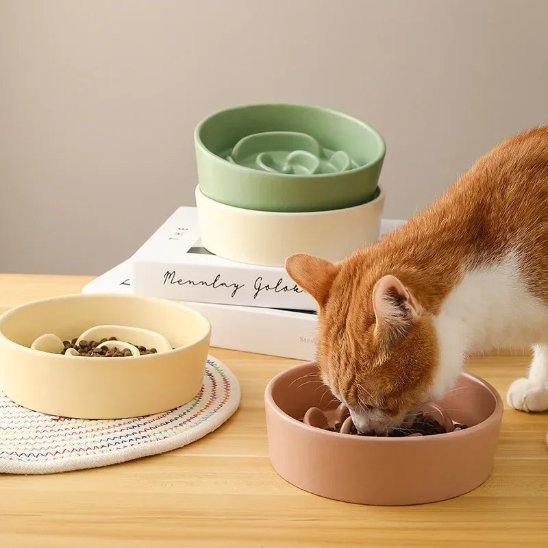 Ceramic Cat Dog Bowl, Ideal for Small and Medium-Sized Dogs, Slow Feeder Anti-Choking