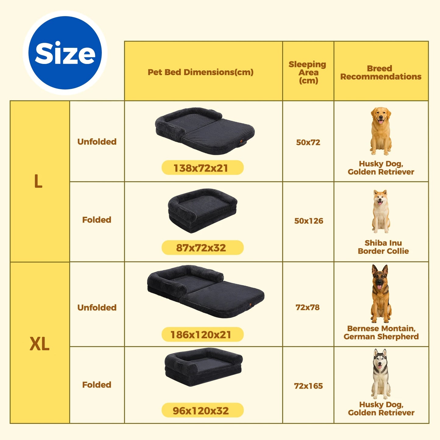 Foldable Dog Bed, Plush Pet Couch Bed for Large Dogs, Washable Sofa Bed with Non-Slip Bottom