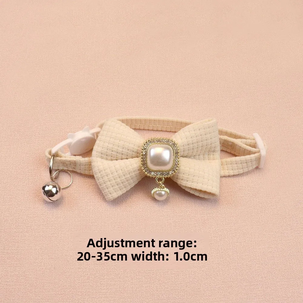 New Waffle Pet, Collar Cute Bow, Bell Cat Collar Retro Pearl Pendant for Cats and Dogs